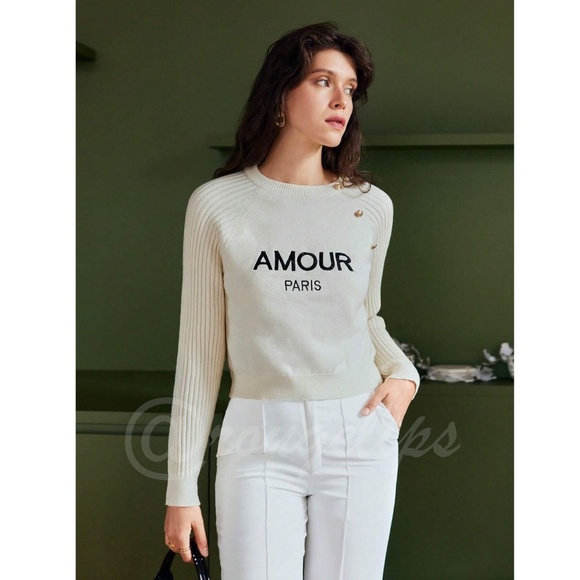 Off White French Style Knit Sweater Text Embroidery Amour Paris Long Sleeve - Picture 2 of 8